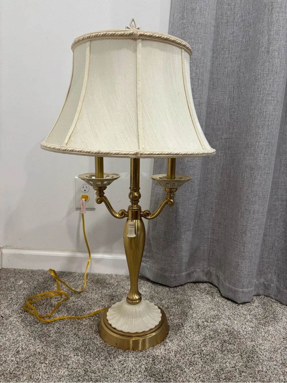 Vintage 1970s Lenox by Quoizel Candelabra Table Lamp Brass Fine Porcelain Accent